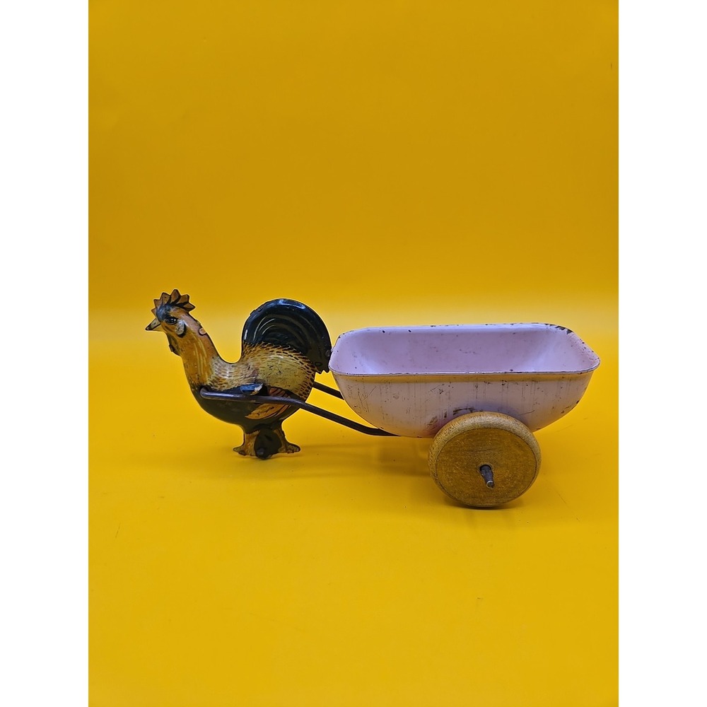 Vintage Wyandotte Tin Litho Rooster Chicken Pulling Pink Oval Egg Cart